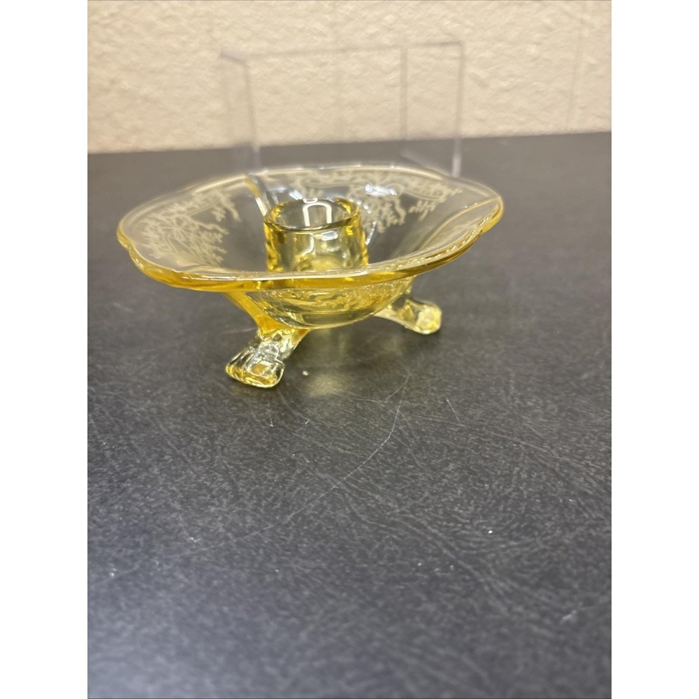 Vtg~Fostoria Glass Co~June Etch Topaz Yellow Candlestick~2" Tall~Three Toed - Picture 3 of 6